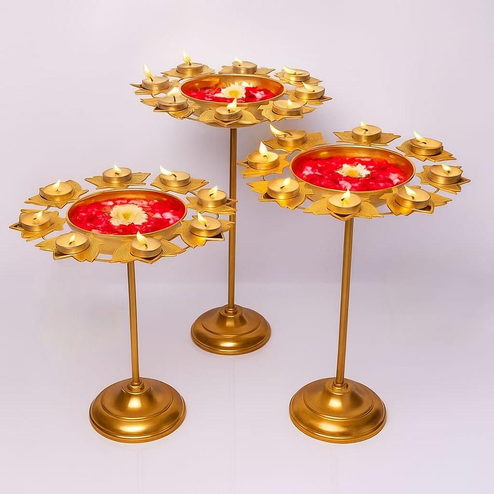 Luxury Metal Lotus Urli Tea Light Stand Set Of 3 - Application: Indoor And Outdoor Decor