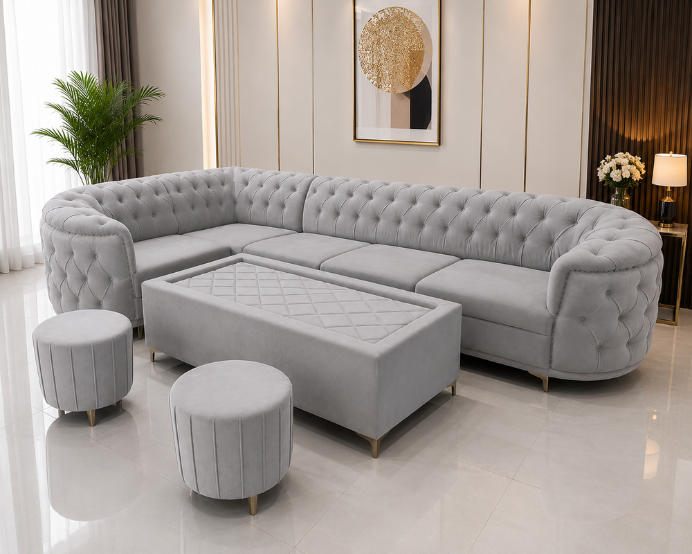 6 Cushion L Shape Sofa Set - Color: Brown (As Shown In Image)