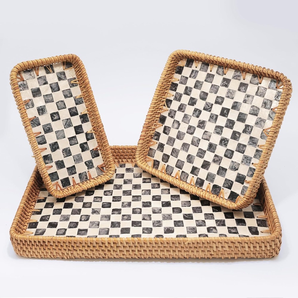 AGE-MOP-0015 Set of 3 Rattan Serving Trays with Mother of Pearl