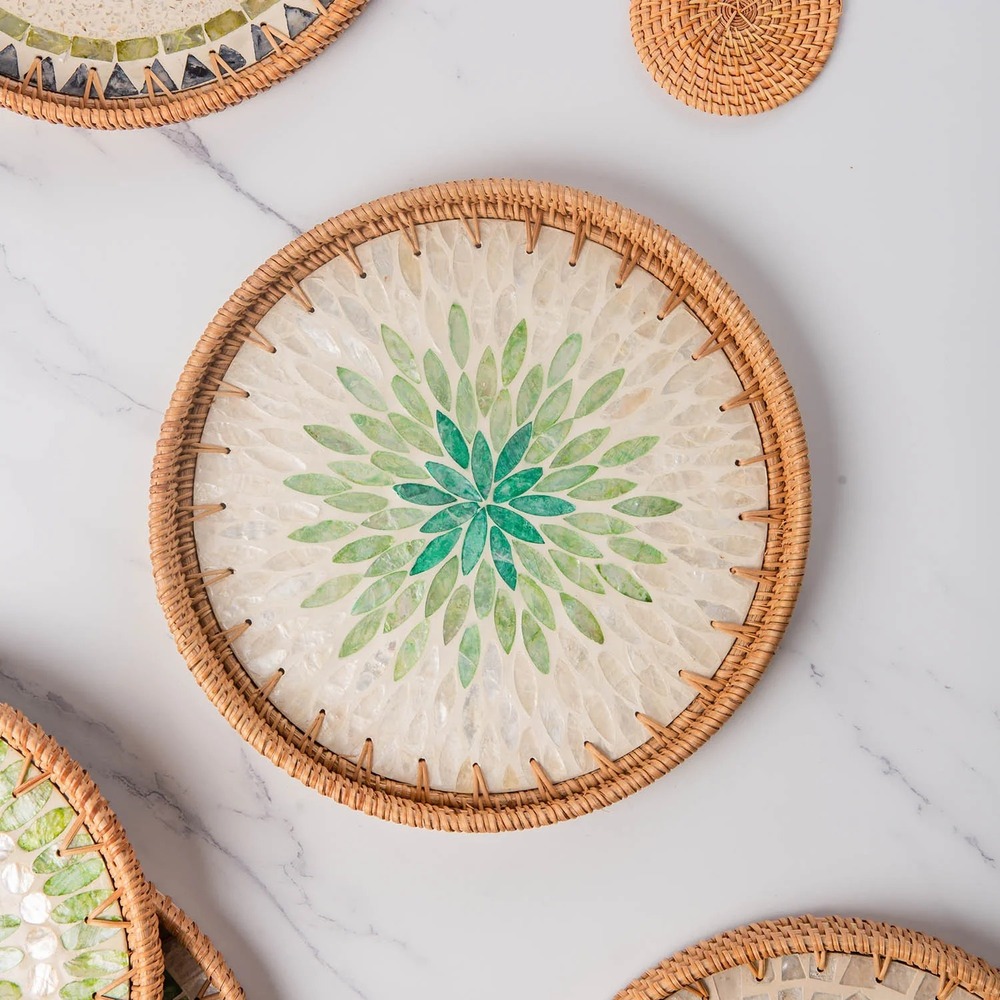AGE-MOP-008 Round Rattan Tray with Mother of Pearl Inlay