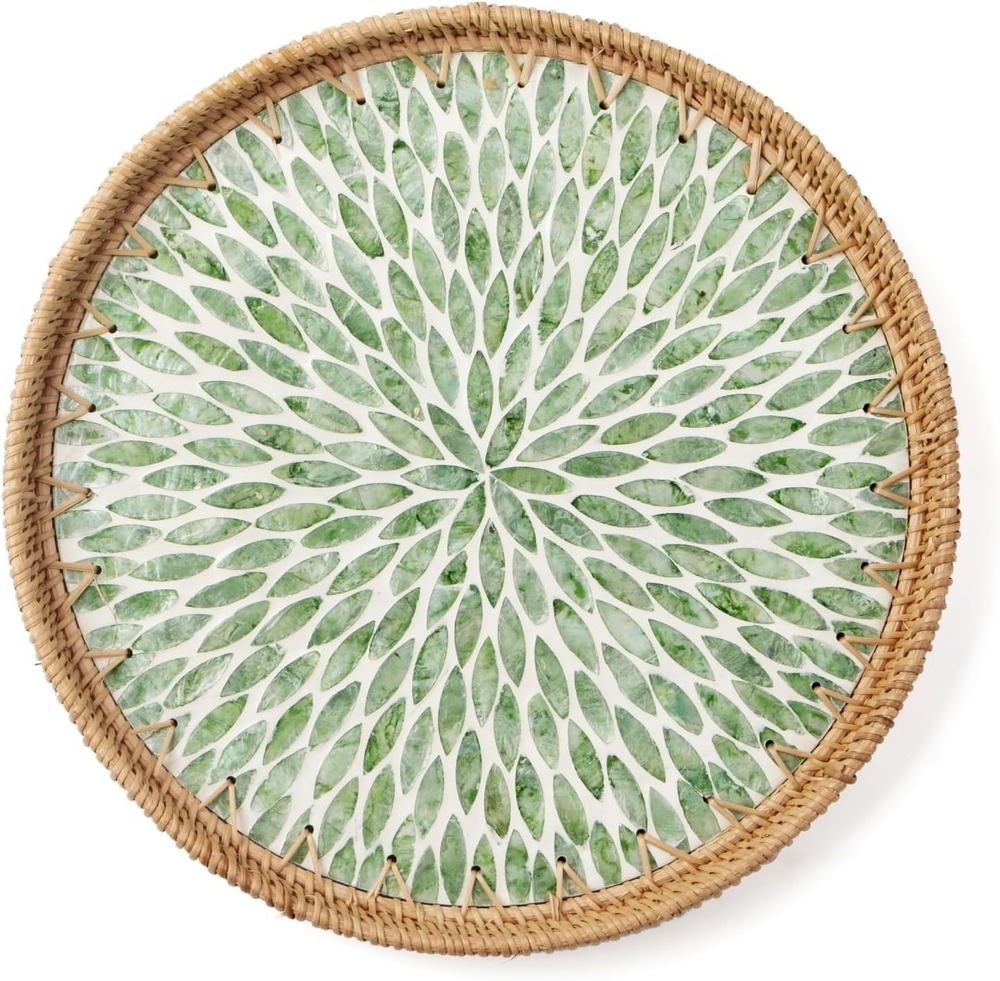 AGE-MOP-001 Round Rattan Tray with Mother of Pearl Inlay