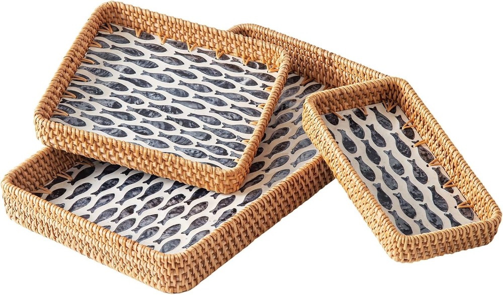 AGE-MOP-0013 Set of 3 Rattan Serving Trays with Mother of Pearl