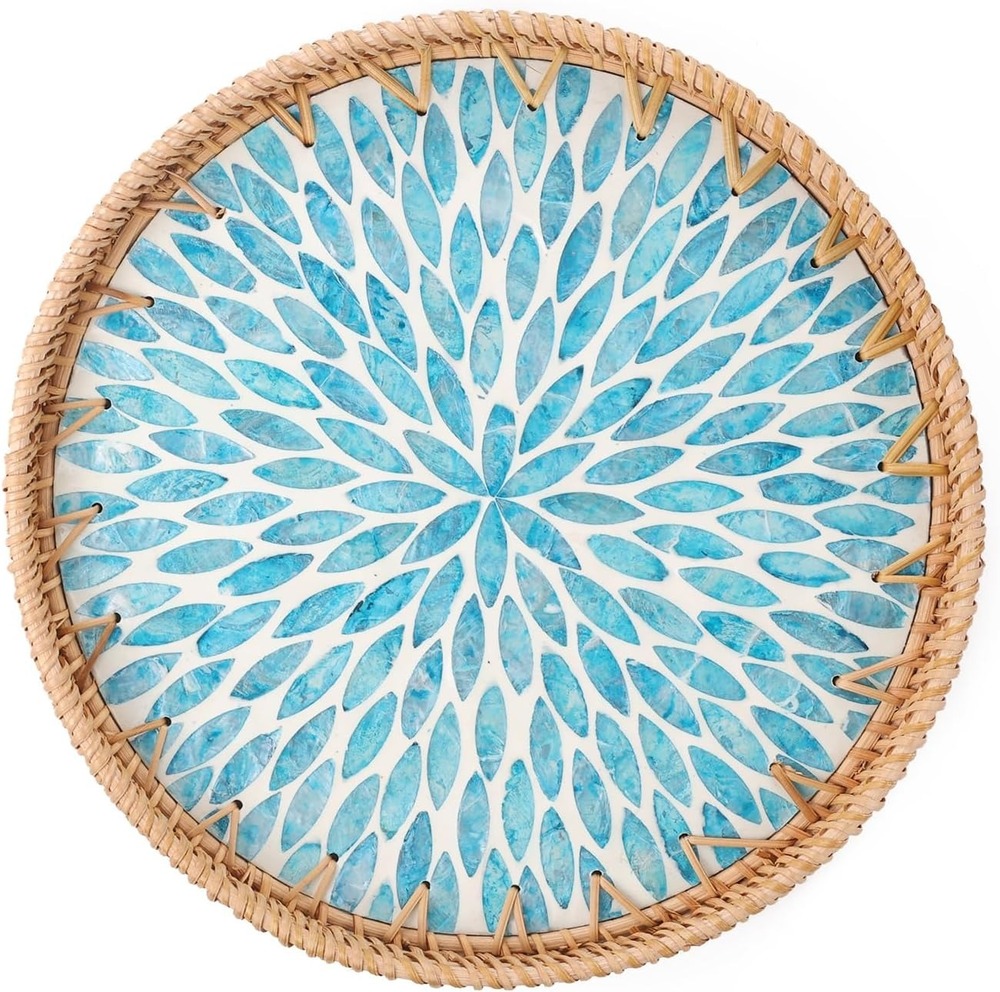 AGE-MOP-0011 Round Rattan Tray with Mother of Pearl Inlay
