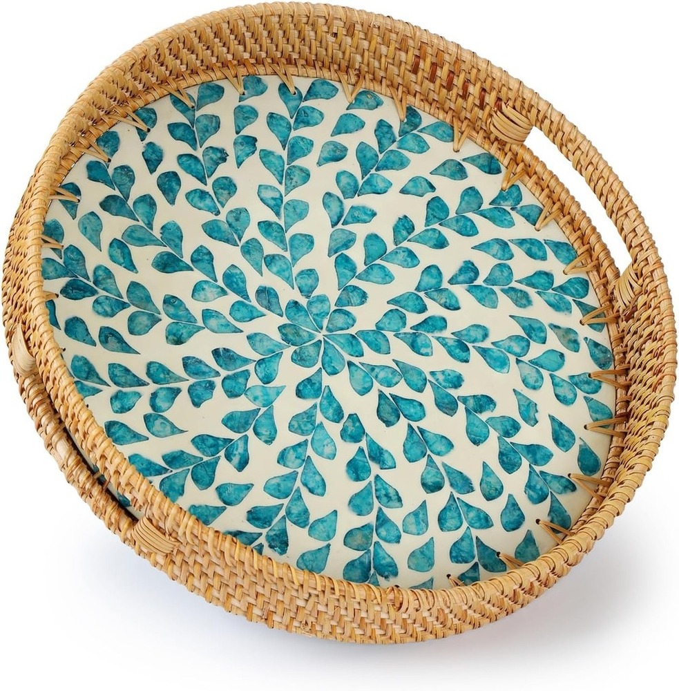 AGE-MOP-0012 Round Rattan Tray with Mother of Pearl Inlay