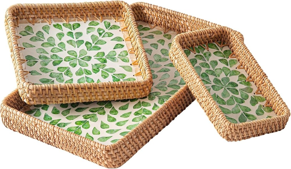 AGE-MOP-0014 Set of 3 Rattan Serving Trays with Mother of Pearl