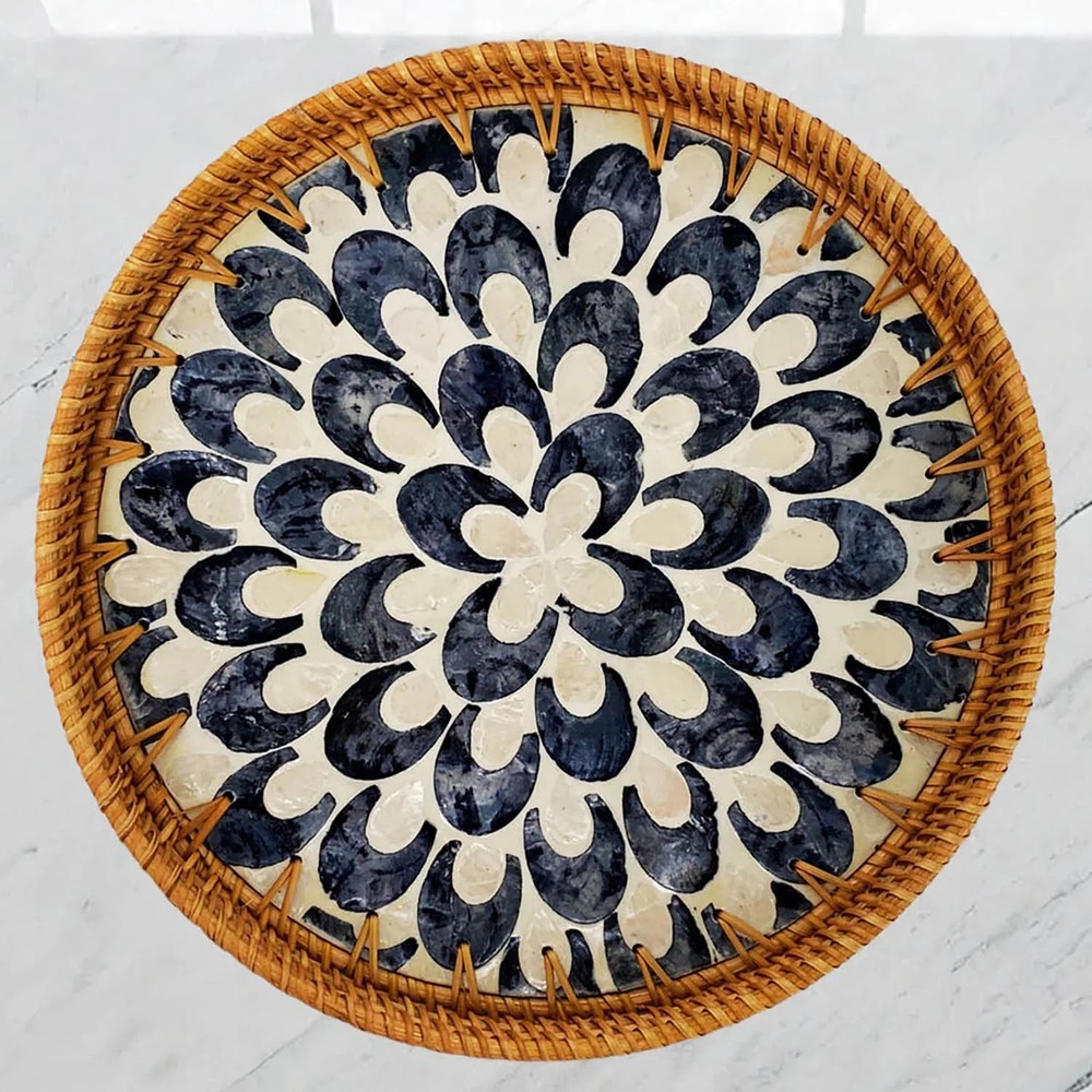 AGE-MOP-003 Round Rattan Tray with Mother of Pearl Inlay