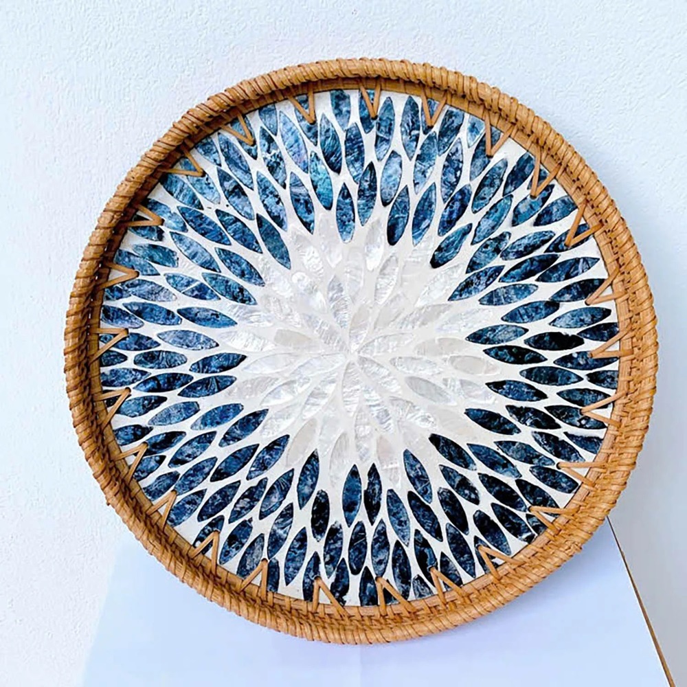 AGE-MOP-004 Round Rattan Tray with Mother of Pearl Inlay