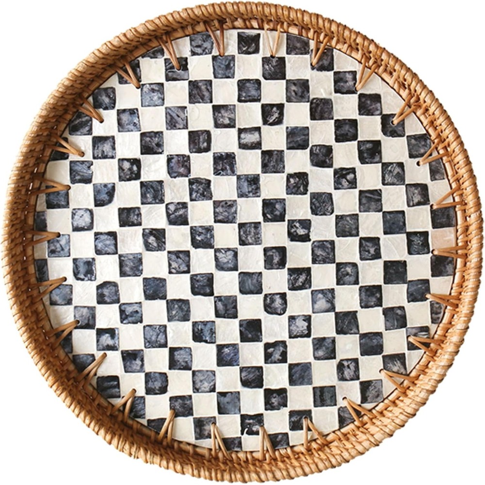 AGE-MOP-002 Round Rattan Tray with Mother of Pearl Inlay