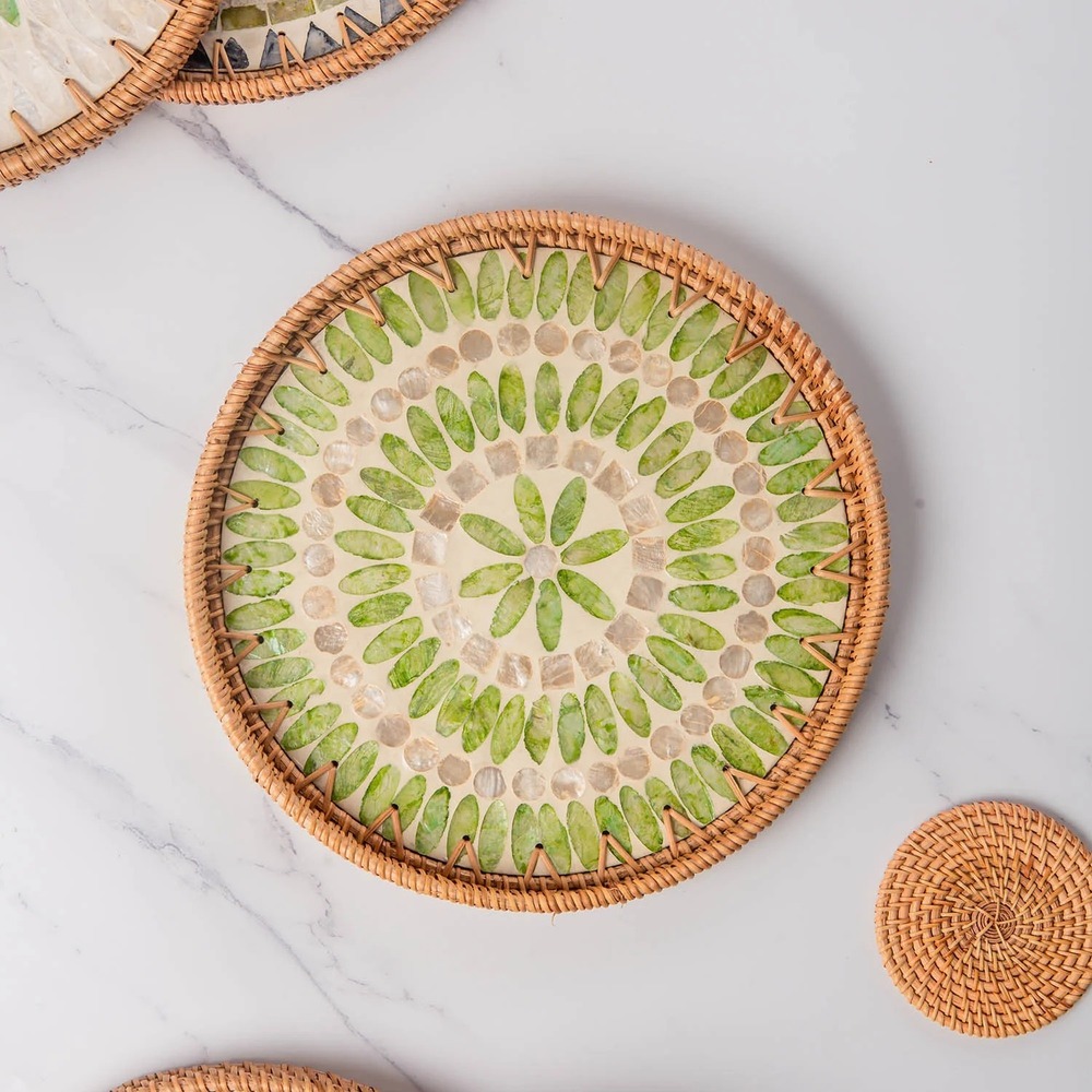 AGE-MOP-005 Round Rattan Tray with Mother of Pearl Inlay