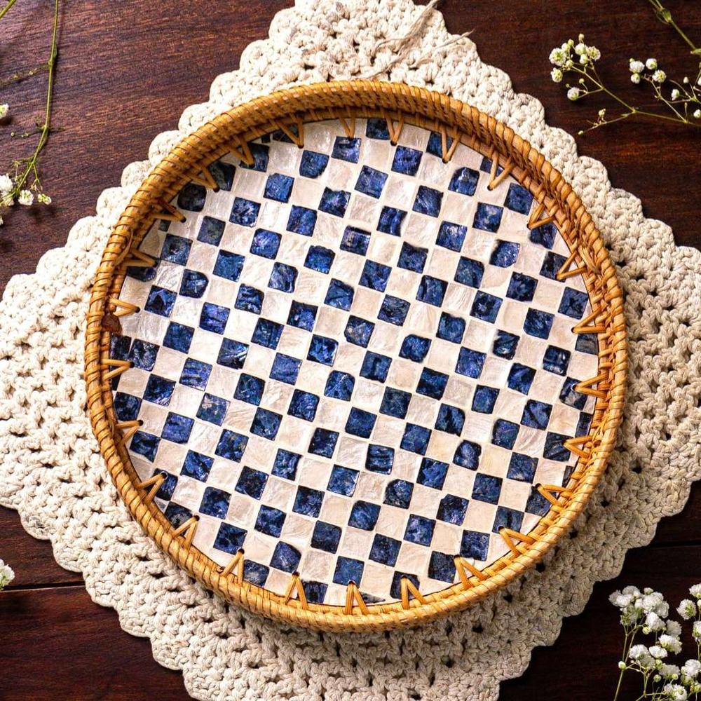 AGE-MOP-009 Round Rattan Tray with Mother of Pearl Inlay