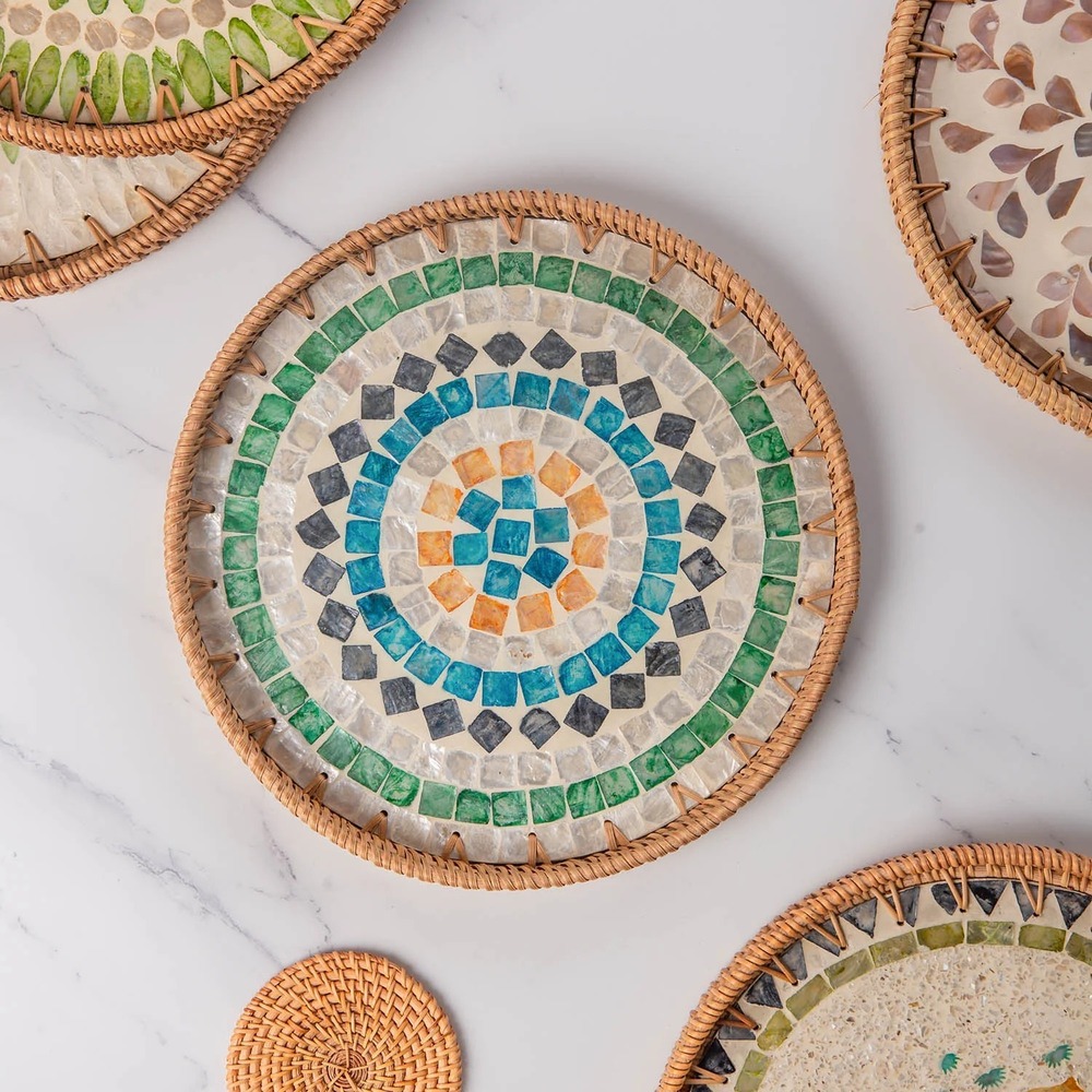 AGE-MOP-006 Round Rattan Tray with Mother of Pearl Inlay