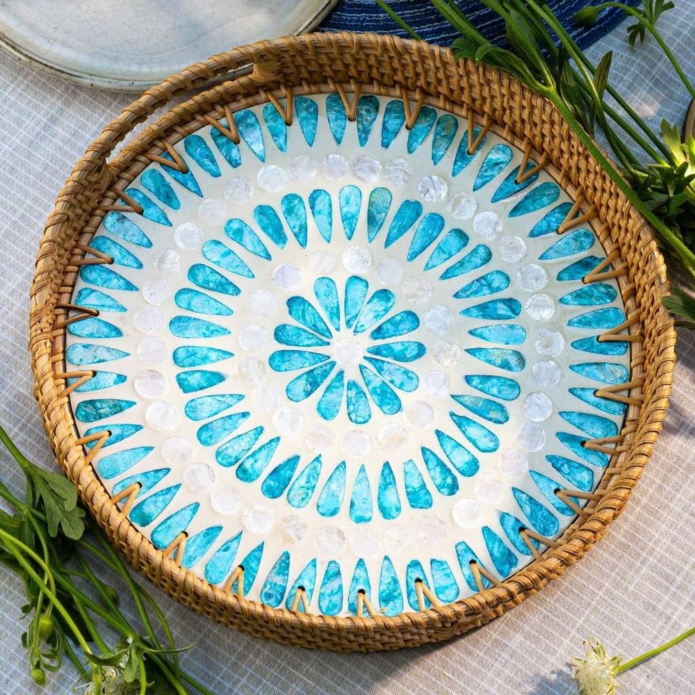 AGE-MOP-0010 Round Rattan Tray with Mother of Pearl Inlay