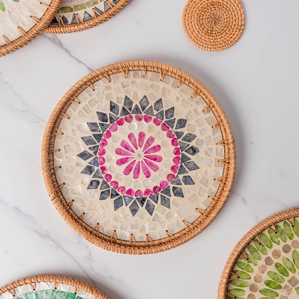 AGE-MOP-007 Round Rattan Tray with Mother of Pearl Inlay