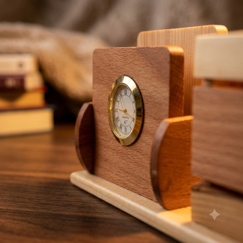 Executive Wooden Desk Organizer with Analog Clock, Pen Holder & Memo Stand