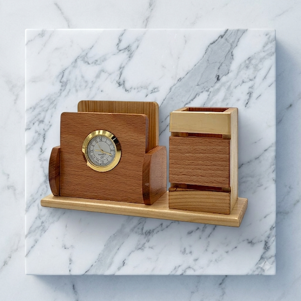 Executive Wooden Desk Organizer with Analog Clock, Pen Holder & Memo Stand
