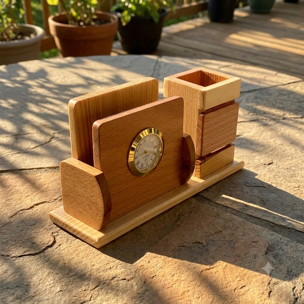 Executive Wooden Desk Organizer With Analog Clock, Pen Holder & Memo Stand - Color: Black