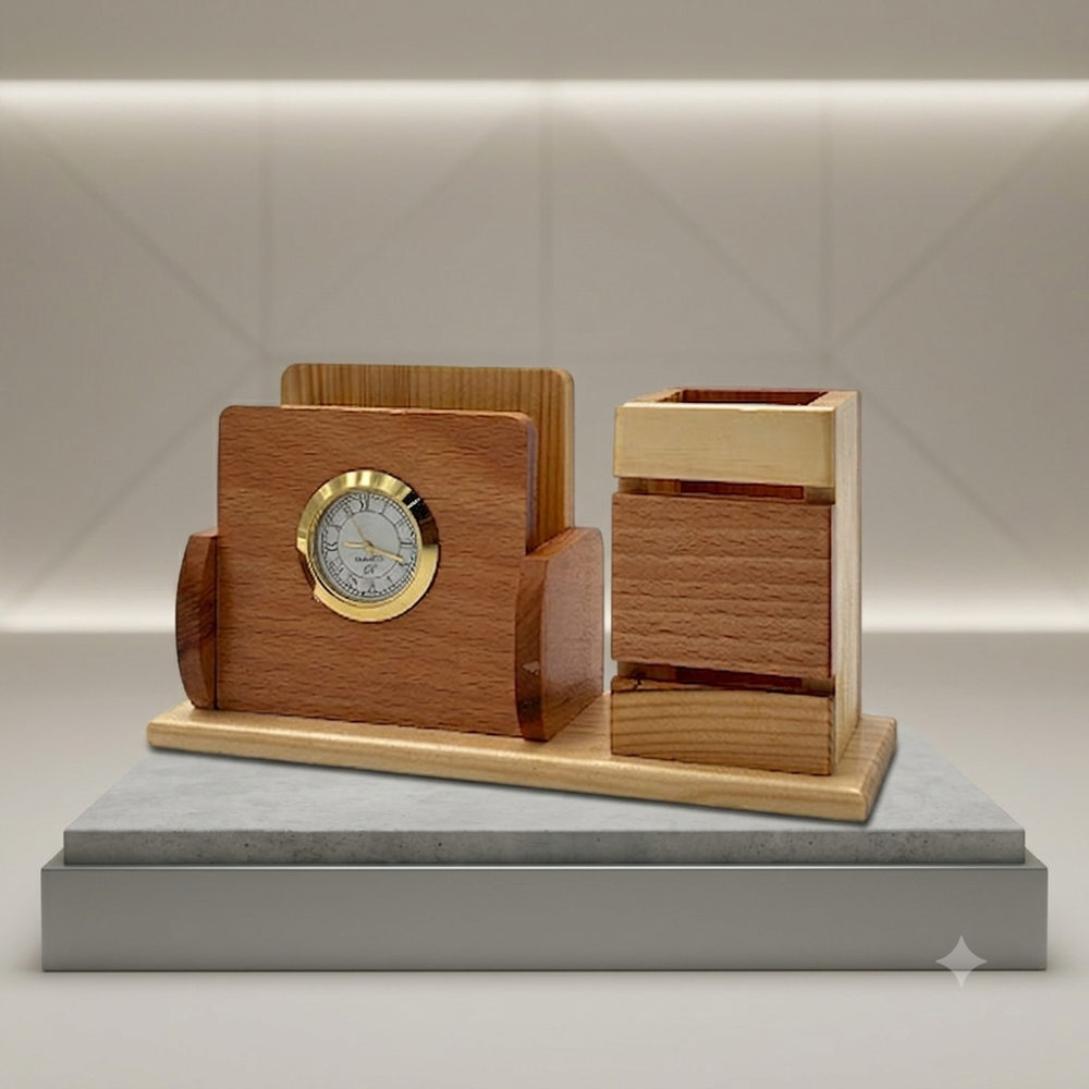 Executive Wooden Desk Organizer with Analog Clock, Pen Holder & Memo Stand