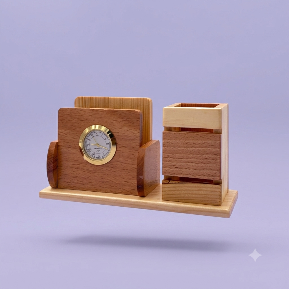 Executive Wooden Desk Organizer with Analog Clock, Pen Holder & Memo Stand
