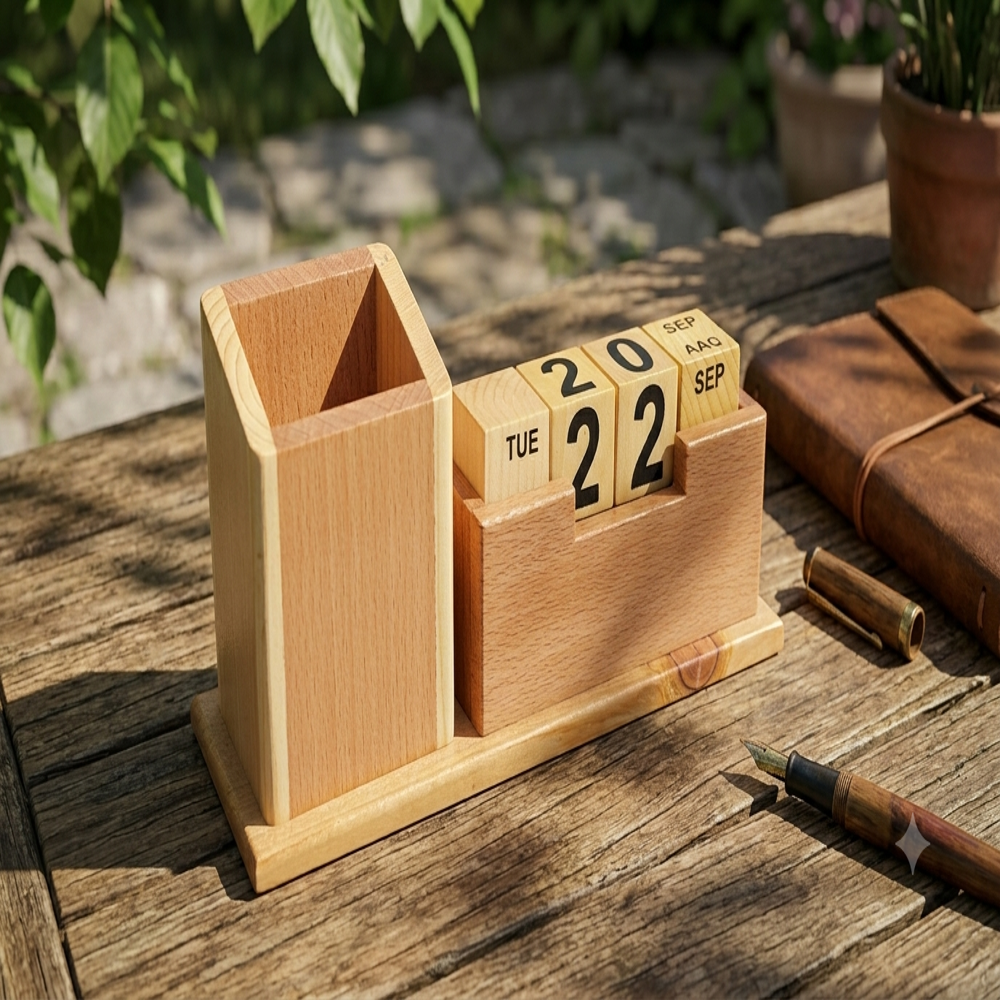 Executive Wooden Perpetual Calendar & Pen Holder Desk Organizer