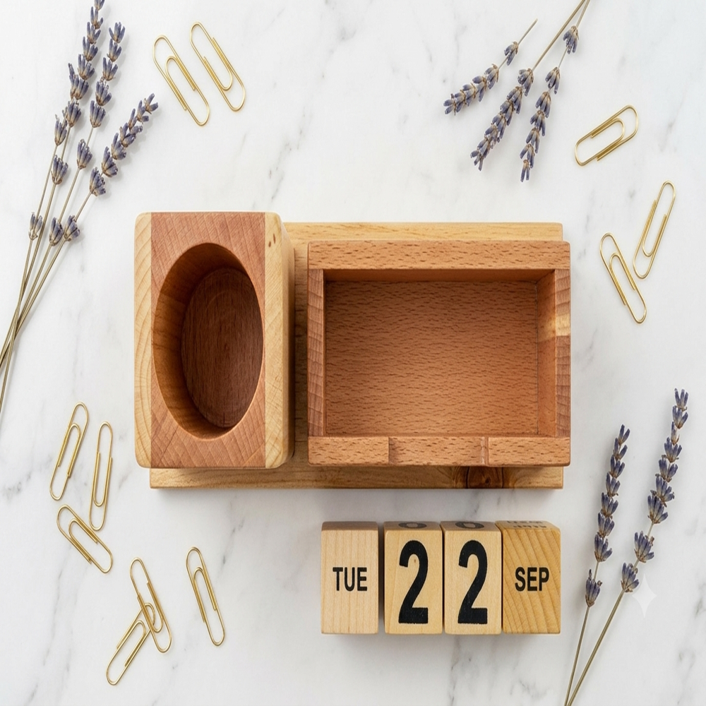 Executive Wooden Perpetual Calendar & Pen Holder Desk Organizer