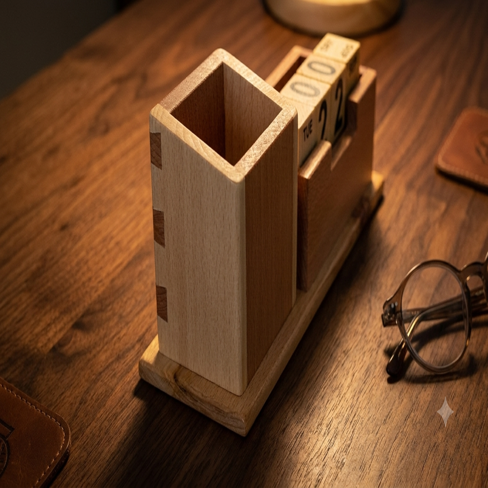Executive Wooden Perpetual Calendar & Pen Holder Desk Organizer