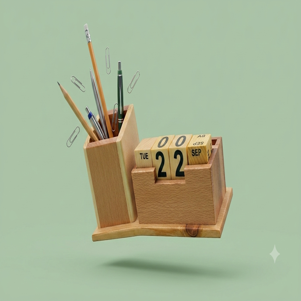 Executive Wooden Perpetual Calendar & Pen Holder Desk Organizer