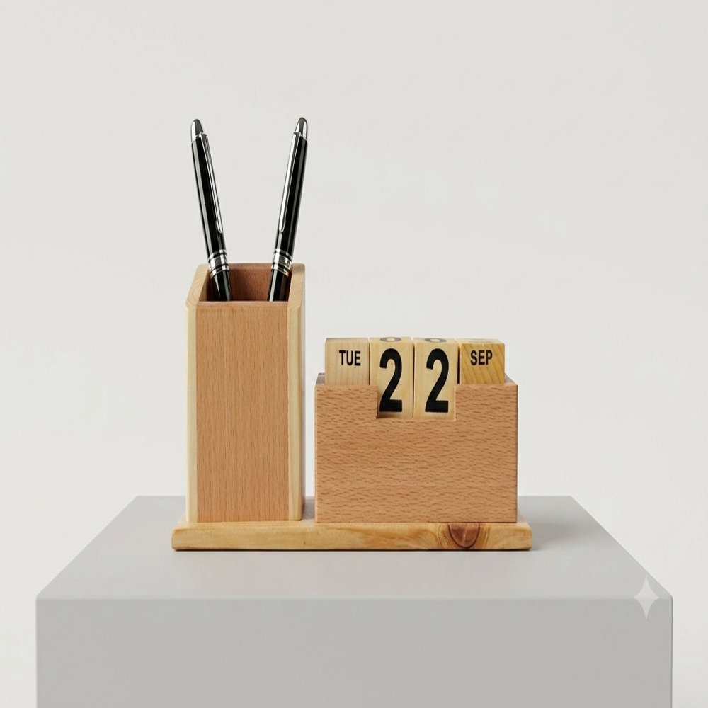 Executive Wooden Perpetual Calendar & Pen Holder Desk Organizer