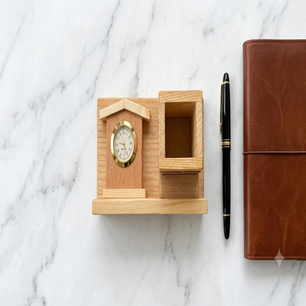 Heritage Wooden House Clock Desk Organizer with Pen Holder