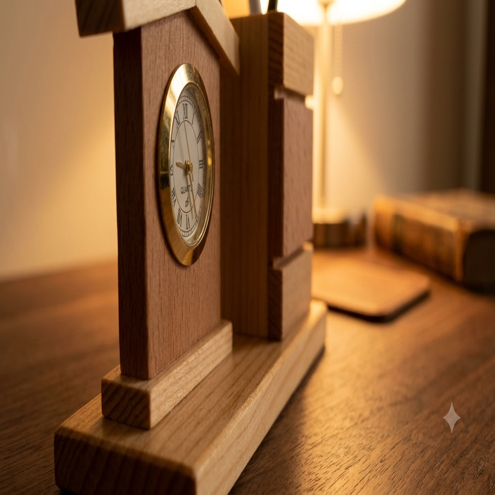 Heritage Wooden House Clock Desk Organizer with Pen Holder