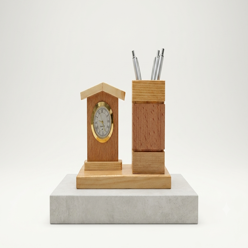Heritage Wooden House Clock Desk Organizer with Pen Holder