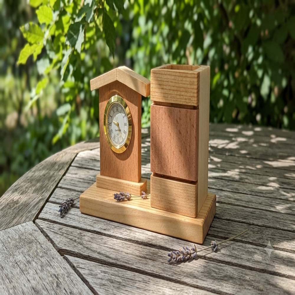 Heritage Wooden House Clock Desk Organizer With Pen Holder - Color: Black