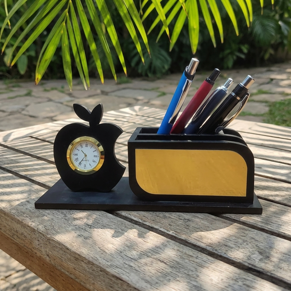 Executive Apple-Shaped Wooden Desk Organizer with Analog Clock & Multi-Pen Holder
