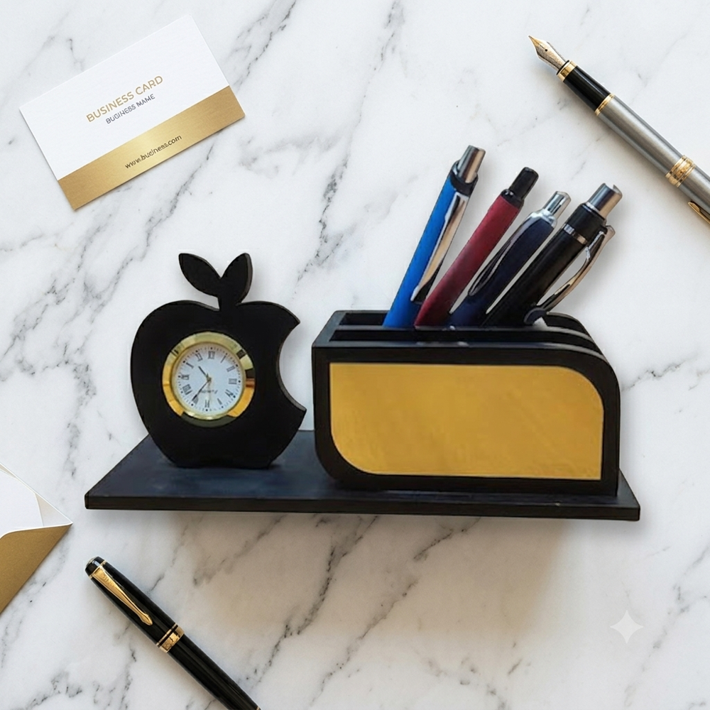 Executive Apple-Shaped Wooden Desk Organizer with Analog Clock & Multi-Pen Holder