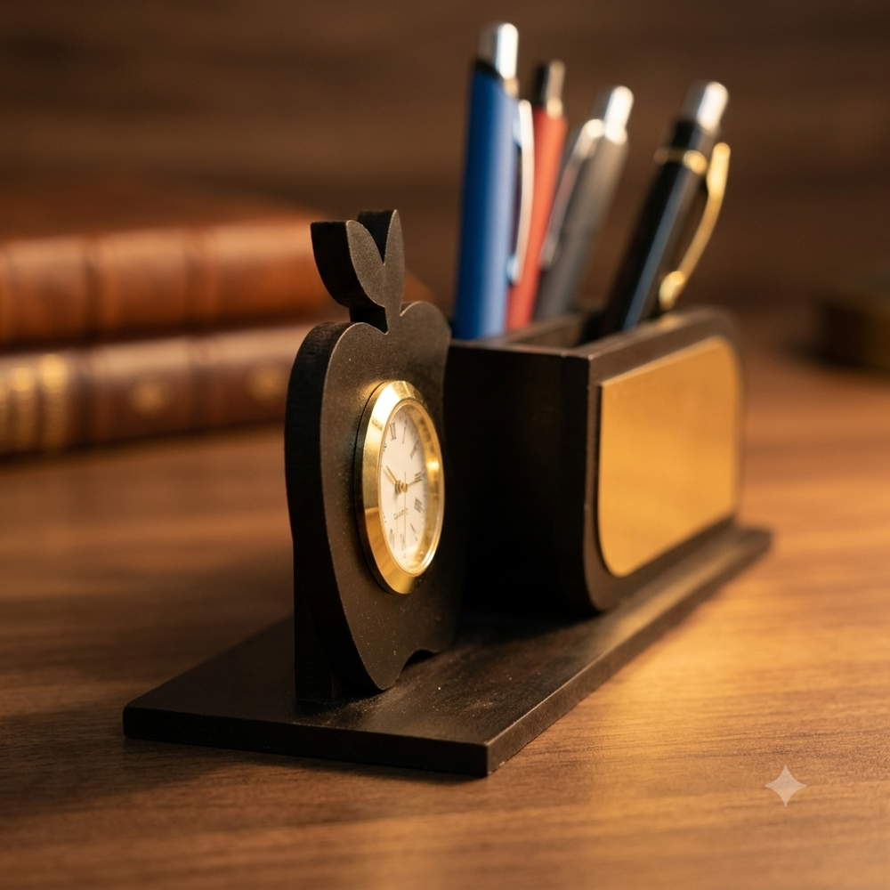 Executive Apple-Shaped Wooden Desk Organizer with Analog Clock & Multi-Pen Holder