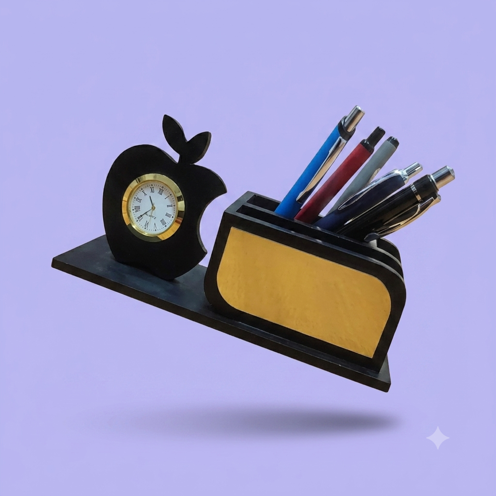 Executive Apple-Shaped Wooden Desk Organizer with Analog Clock & Multi-Pen Holder