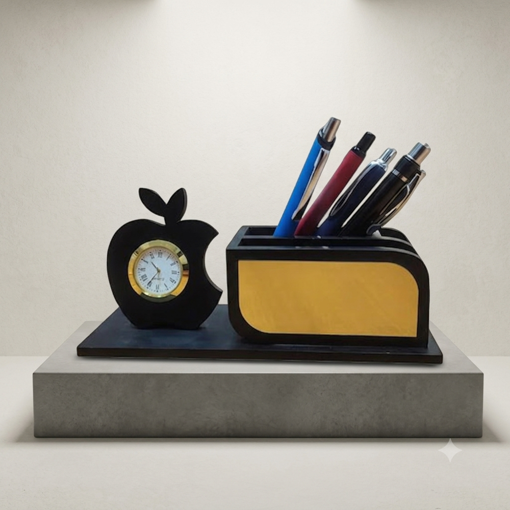 Executive Apple-Shaped Wooden Desk Organizer with Analog Clock & Multi-Pen Holder