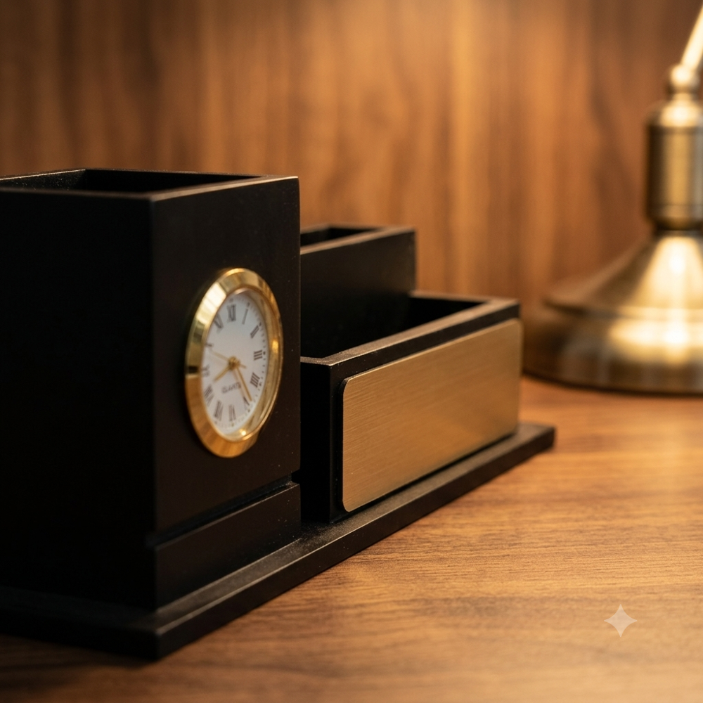 Executive Black Wooden Desk Organizer with Analog Clock & Multi-Purpose Storage Tray