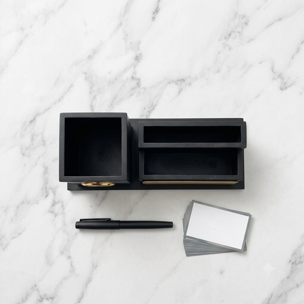 Executive Black Wooden Desk Organizer with Analog Clock & Multi-Purpose Storage Tray