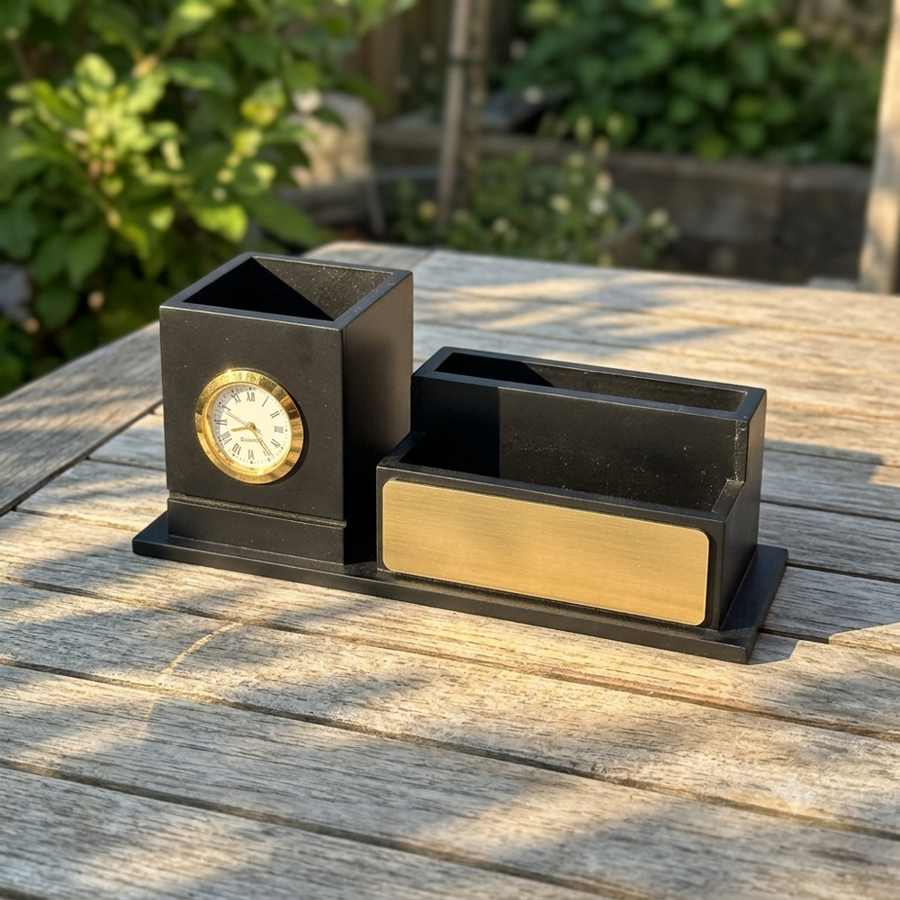Executive Black Wooden Desk Organizer with Analog Clock & Multi-Purpose Storage Tray