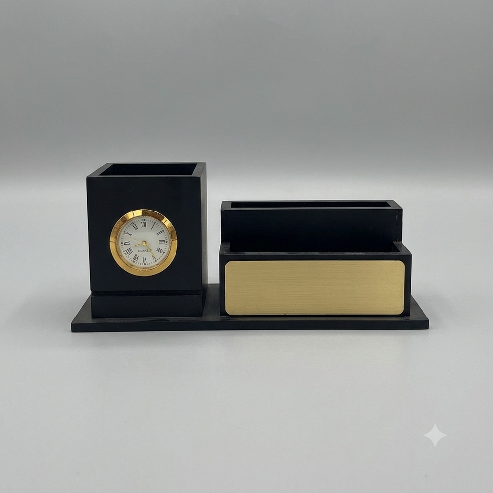Executive Black Wooden Desk Organizer with Analog Clock & Multi-Purpose Storage Tray