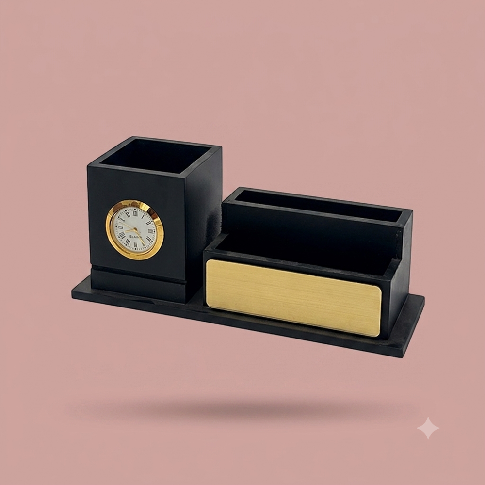 Executive Black Wooden Desk Organizer with Analog Clock & Multi-Purpose Storage Tray