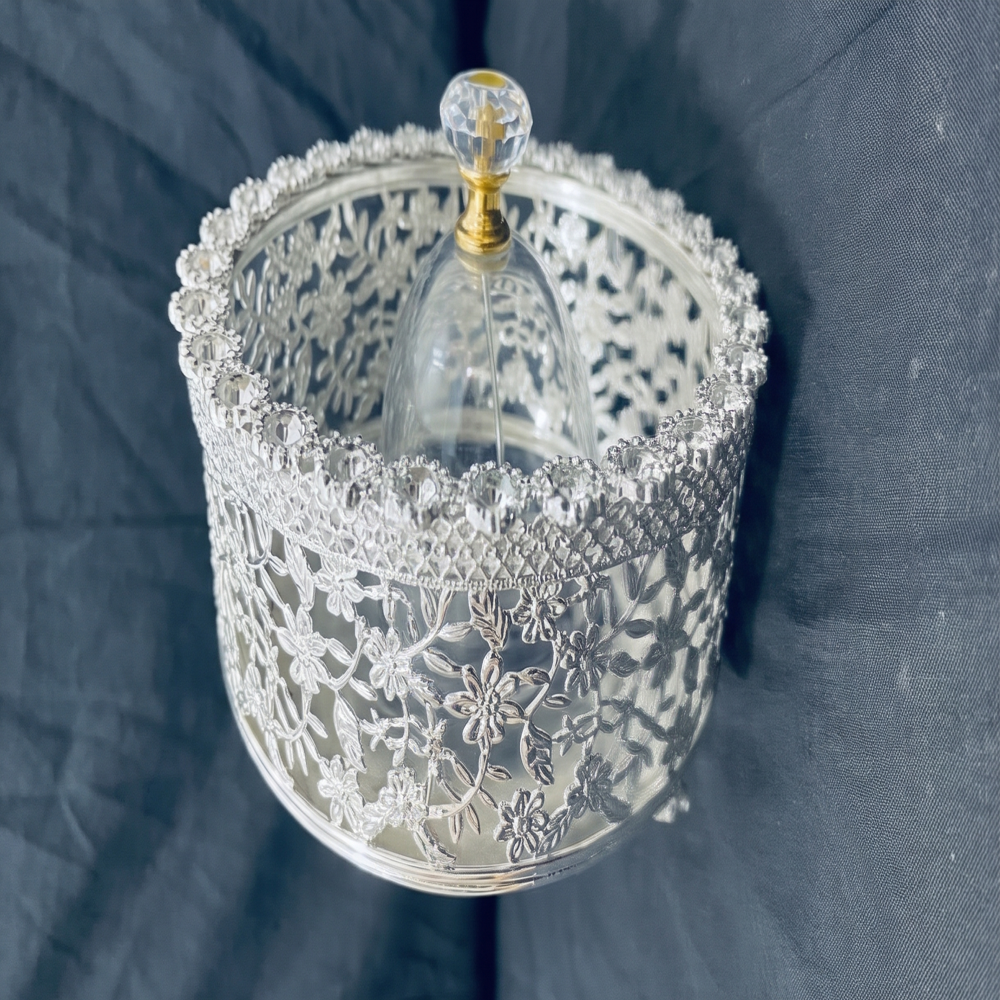 Plated Decorative Dry Fruit Box With Crystal Lid & Blue Velvet Storage Base (Handcrafted Gift Bowl) - Capacity: 1 Ltr