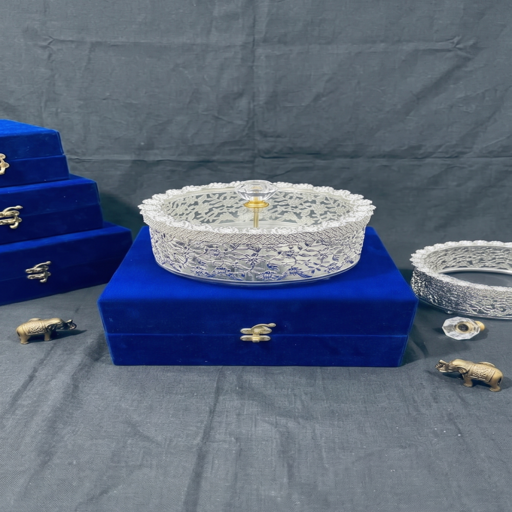 Plated Decorative Dry Fruit Box with Crystal Lid & Blue Velvet Storage Base (Handcrafted Gift Bowl)