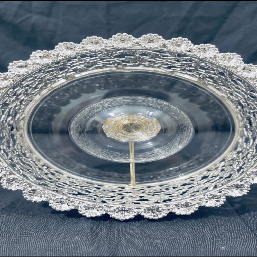 Plated Decorative Dry Fruit Box with Crystal Lid & Blue Velvet Storage Base (Handcrafted Gift Bowl)