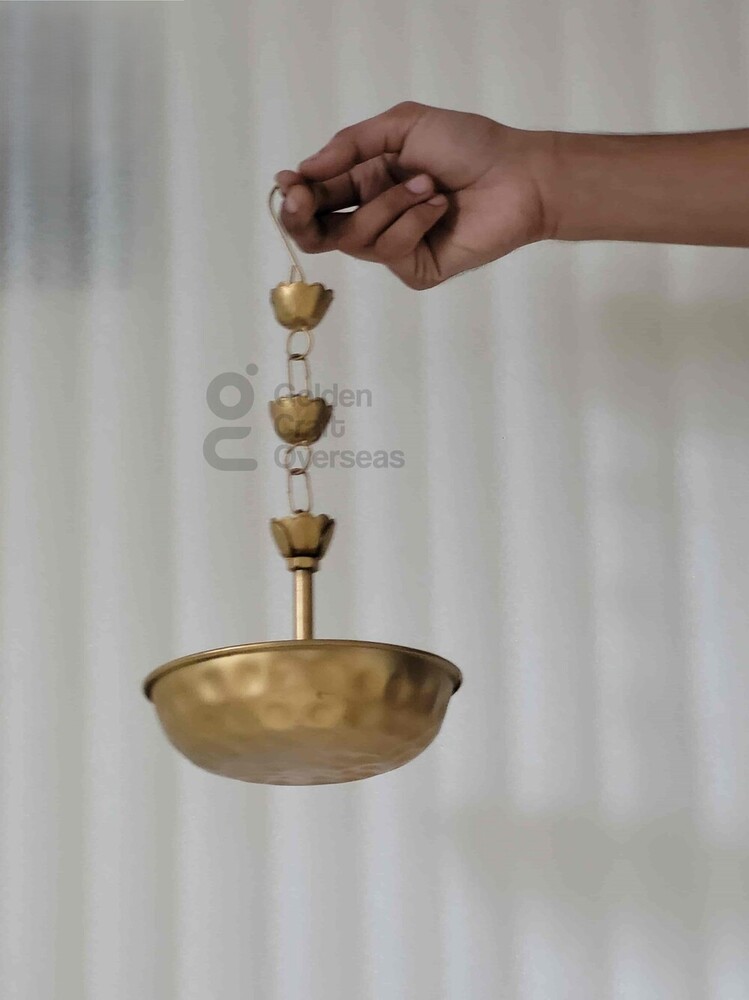 Premium Hammered Brass Hanging Urli with Lotus Chain Traditional Indian Decorative Bowl for Floating Flowers, Tealights, and Festive Home Decor