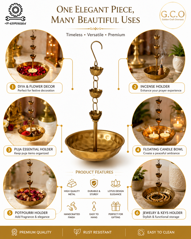 Premium Hammered Brass Hanging Urli with Lotus Chain Traditional Indian Decorative Bowl for Floating Flowers, Tealights, and Festive Home Decor