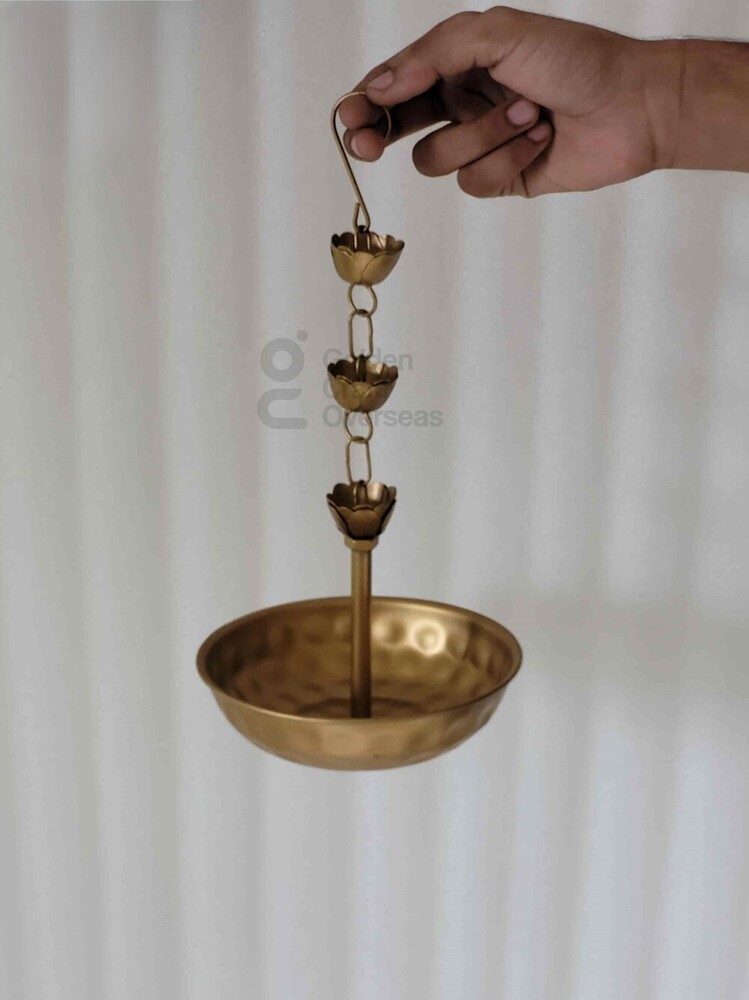 Premium Hammered Brass Hanging Urli with Lotus Chain Traditional Indian Decorative Bowl for Floating Flowers, Tealights, and Festive Home Decor
