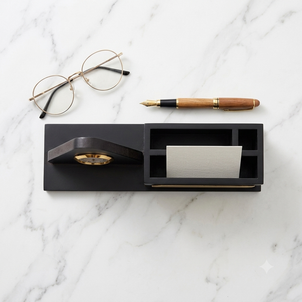Executive Black Wooden Desk Organizer with Triangle Quartz Clock