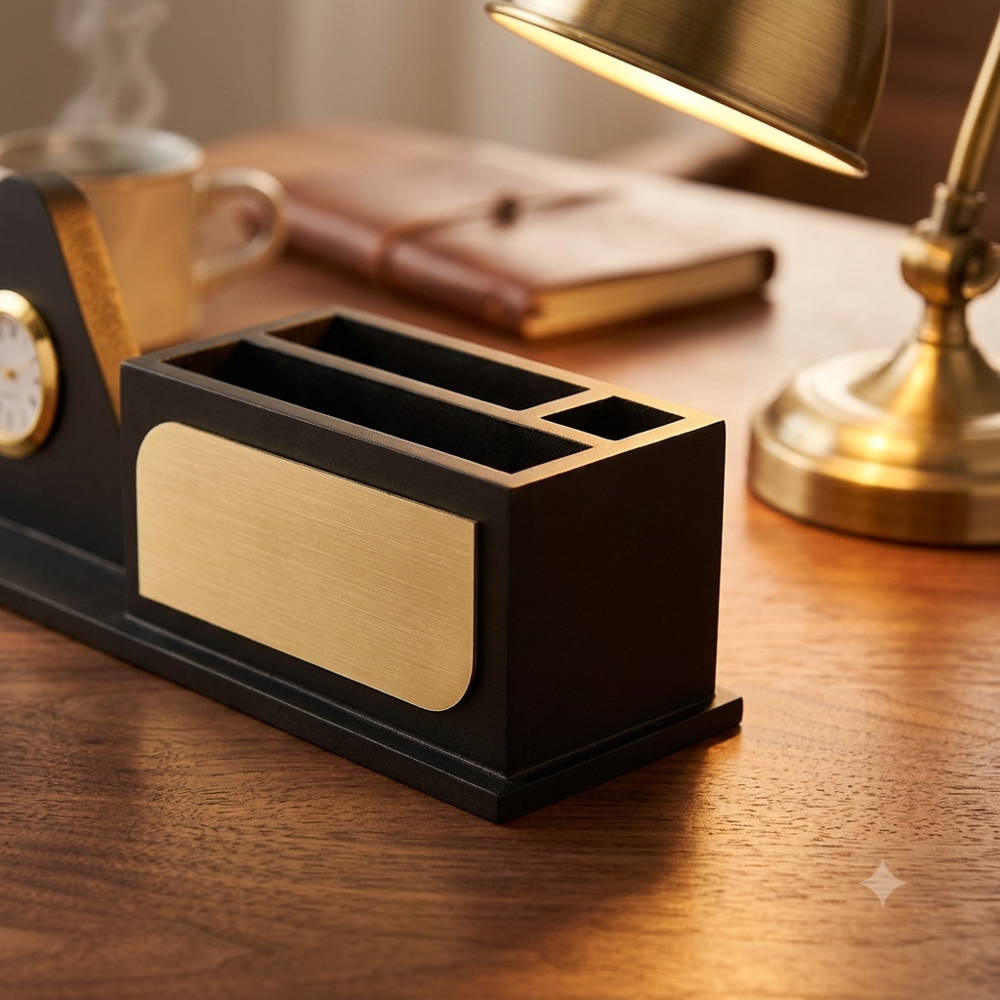Executive Black Wooden Desk Organizer with Triangle Quartz Clock