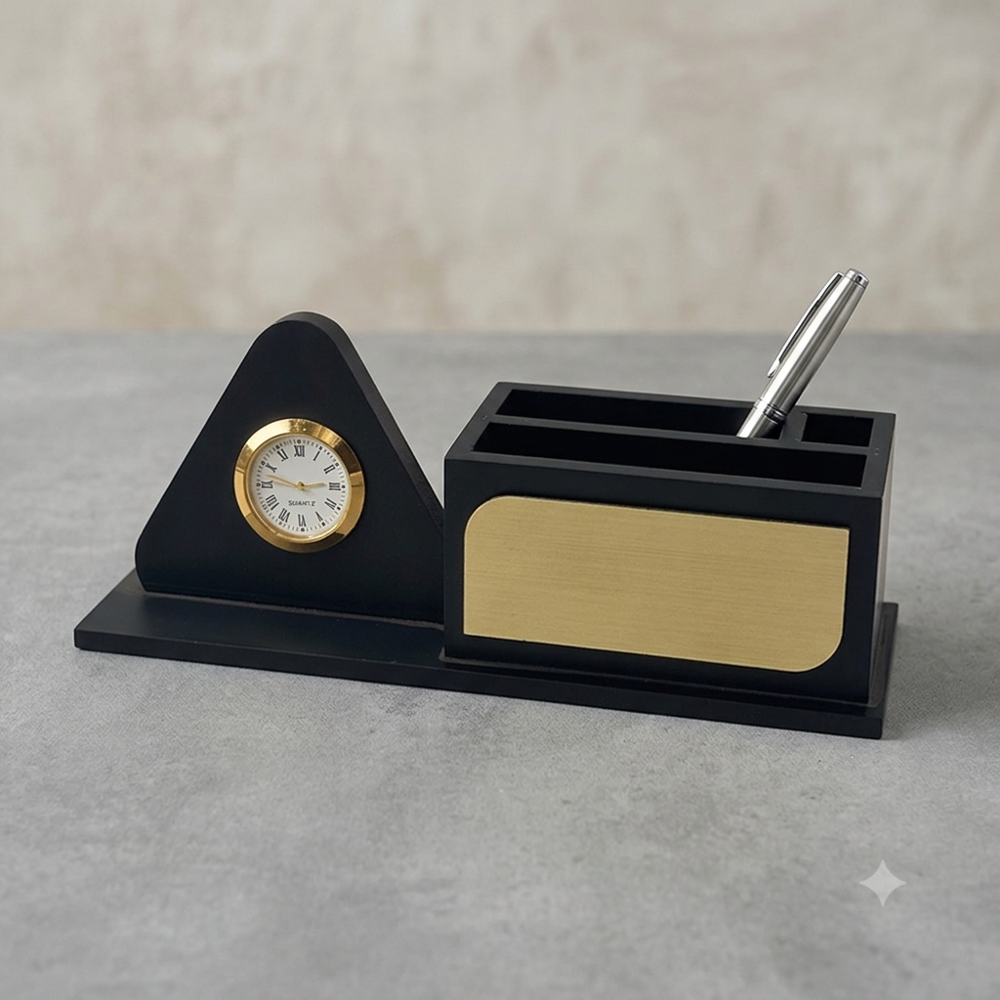 Executive Black Wooden Desk Organizer with Triangle Quartz Clock
